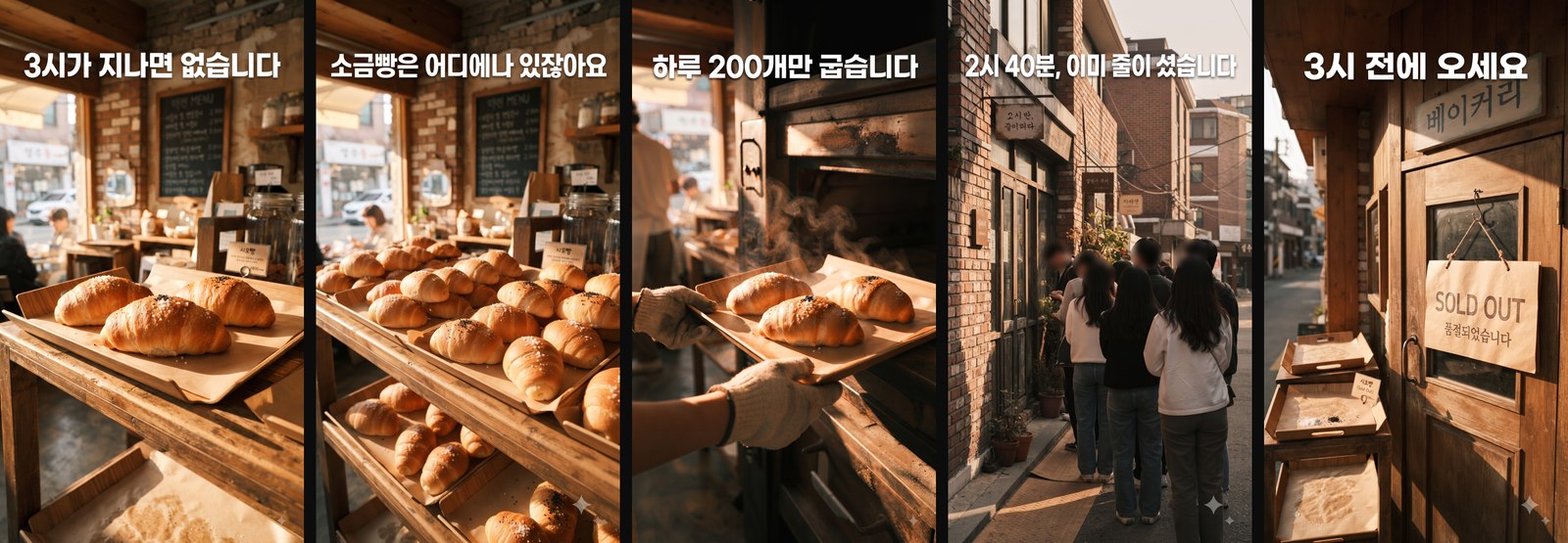 완성된 카드뉴스 5장. 각 장 상단에 굵은 한글 문구가 있고 색감과 조명이 하나로 이어진다.