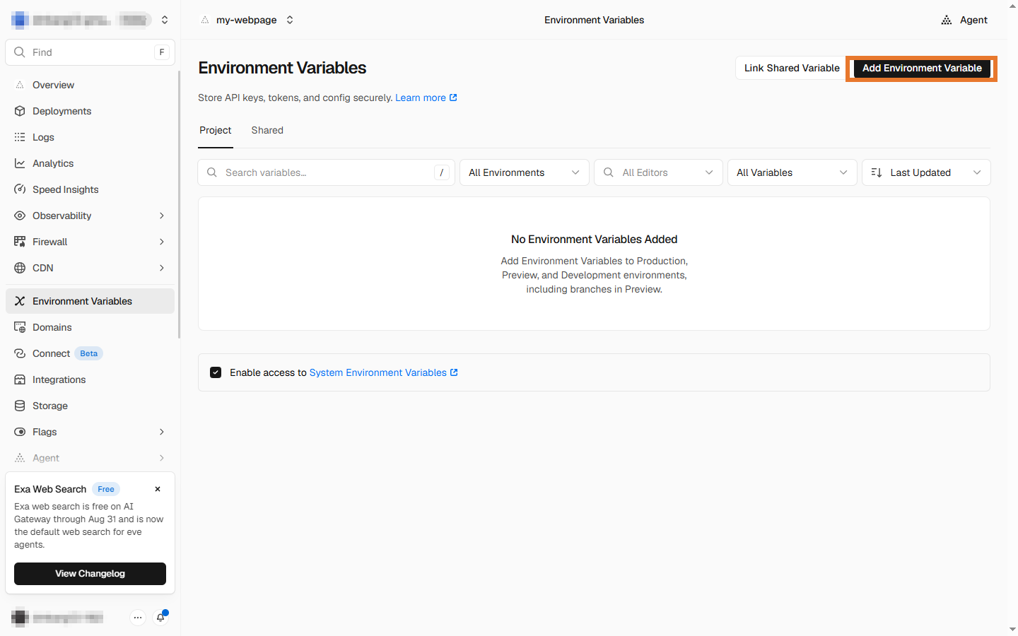 Vercel의 Environment Variables 화면. 오른쪽 위에 Add Environment Variable 버튼