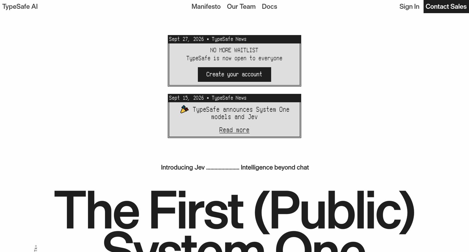 TypeSafe 홈페이지 첫 화면. 9월 27일 대기자 명단 해제, 9월 15일 System One 모델과 Jev 공개 소식이 흑백 창 모양으로 떠 있다