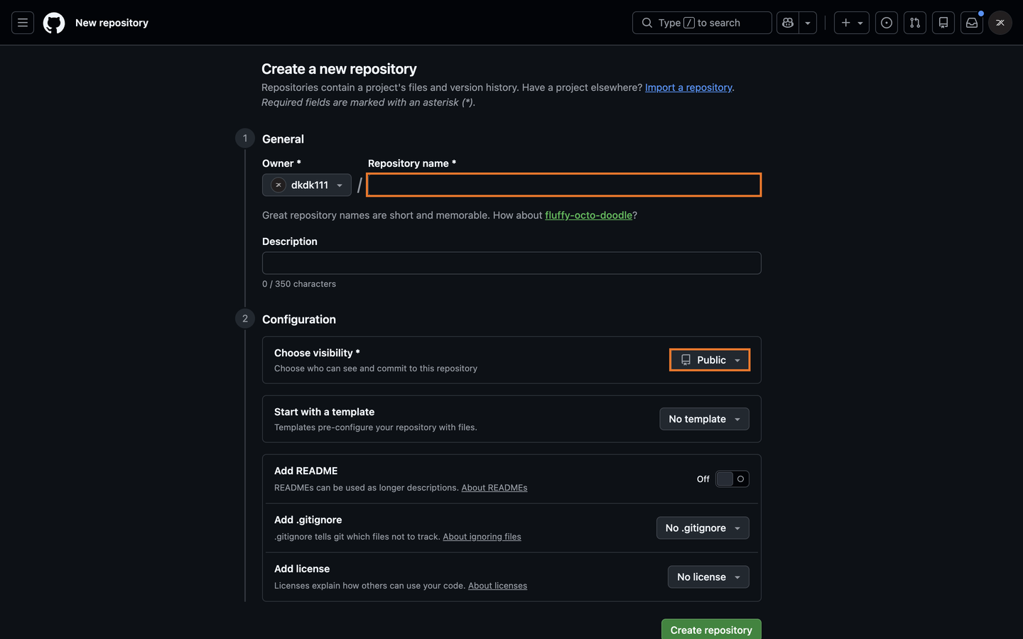 GitHub 새 저장소 만들기 화면